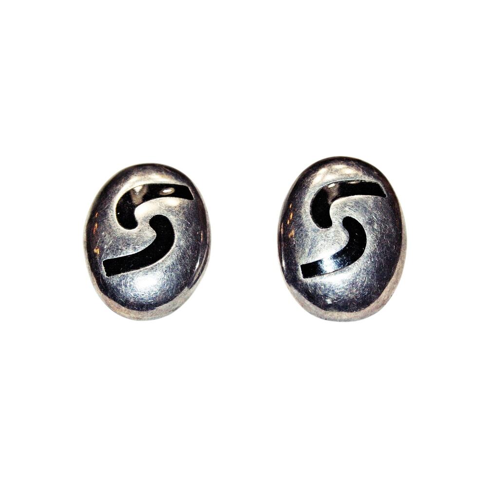 Vintage Taxco Artisan Sterling Silver Stud Earrings with Onyx - Signed TA-71